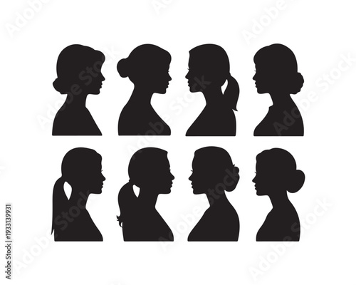 Eight Black Silhouette Profiles of Women's Heads Showing Various Hairstyles Including Buns and Ponytails on a White Background