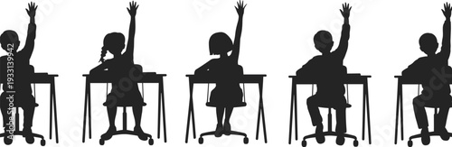 School Children Raising Hands in Classroom Silhouette Set, Students Sitting at Desk Flat Vector Illustration Collection