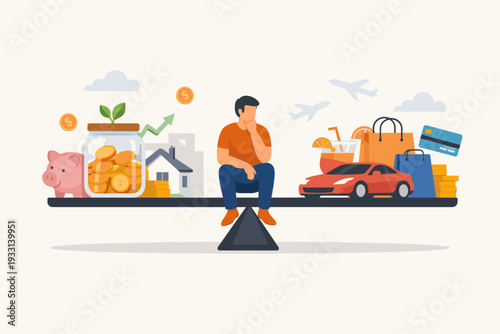 Man Balancing Saving and Spending on a Seesaw Scale, Concept of Financial Decision Making, Money Management, Investment vs Consumerism, Budgeting for Future Goals and Lifestyle Choices