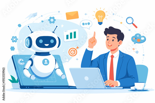 Businessman using AI artificial intelligence technology to generate new ideas and get advice. Chatbot virtual assistant helping professional man with business automation and data on laptop.