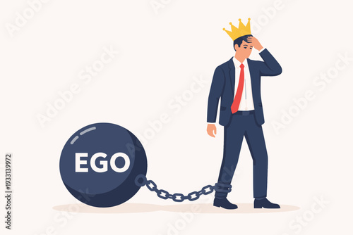 Vector Illustration of a Sad Businessman Wearing a Golden Crown and Chained to a Heavy Weight Ball Labeled Ego, Concept of Arrogance, Pride, and Narcissism Holding Back Success and Leadership.
