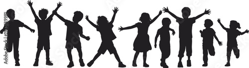 WebChildren silhouettes, standing, jumping, playful movement, joyful posture, casual clothing, expressive gestures, childhood diversity, vector illustration, black silhouette, isolated