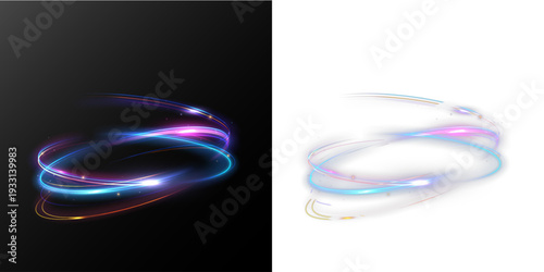 Colorful glowing speed light swirl with circular motion trails, dynamic energy loop isolated on dark background.

