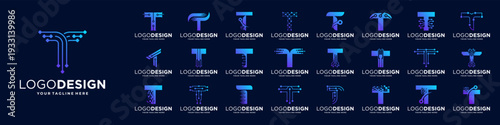 Set of letter T logo design. Symbol of  connect, tech, molecule logo template.