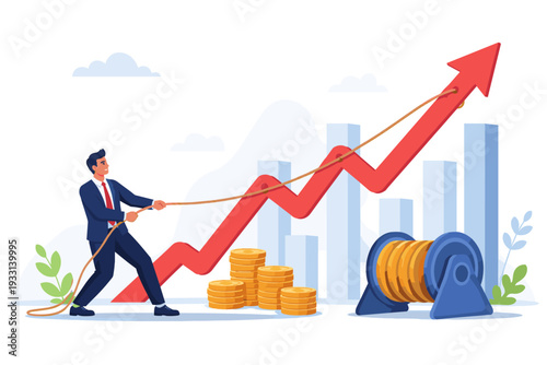 Businessman Pulling Up a Rising Red Arrow Graph with a Rope and Reel, Representing Business Growth, Financial Success, Economic Improvement, and Strategic Investment Vector Illustration Concept