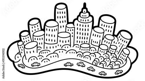 A whimsical black and white illustration of a bustling city skyline with cars for a children's coloring book