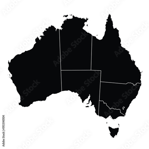 Black Silhouette Map of Australia with Internal State Borders