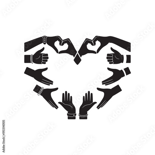Heart shape formed by diverse hands and arms with bracelets and rings on white background