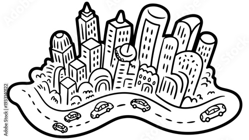 Cityscape illustration for a coloring book with cars and buildings, a fun urban scene