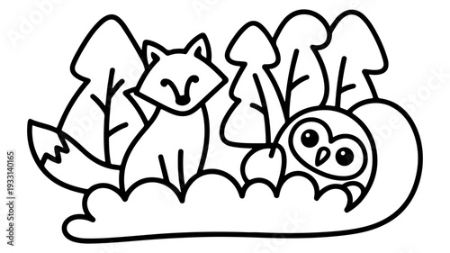 Cute fox and owl in forest scene coloring book illustration for kids, a perfect addition to your collection of fun coloring pages