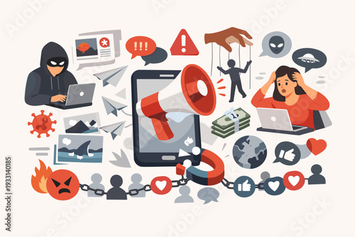 Social media misinformation and fake news concept illustration with hacker, megaphone, propaganda, puppet master, conspiracy theories, and stressed woman user overwhelmed by digital content.