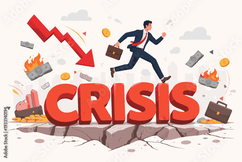 Businessman running over crisis text on cracked ground with red downward arrow, burning money, and falling coins, symbolizing financial difficulties, economic recession, and stock market crash.