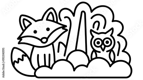 Cute fox and owl forest scene for a children's coloring book