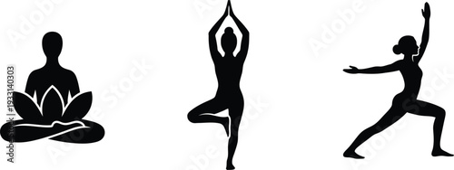 Silhouette images of people practicing yoga in various relaxing poses calmly