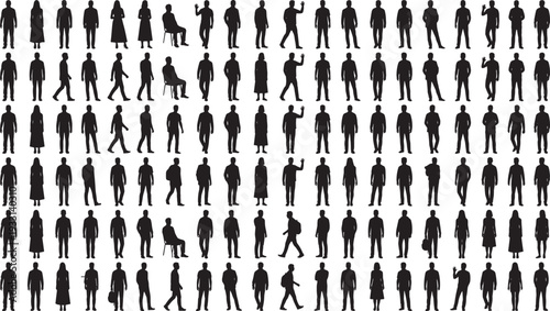 Large crowd people silhouettes collection in various standing and walking poses, vector illustration set