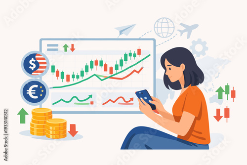 Online foreign exchange and trade concept with woman trading in forex market using mobile app. Flat vector illustration of financial stock market analysis, currency investment, and data charts.