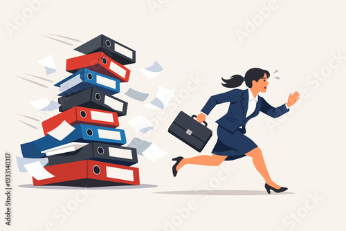 Overworked and Exhausted Businesswoman Running Away from Falling Stack of Office Binders and Documents, Concept of Workload Stress, Burnout, Deadline Pressure, and Fatigue in Modern Corporate Life