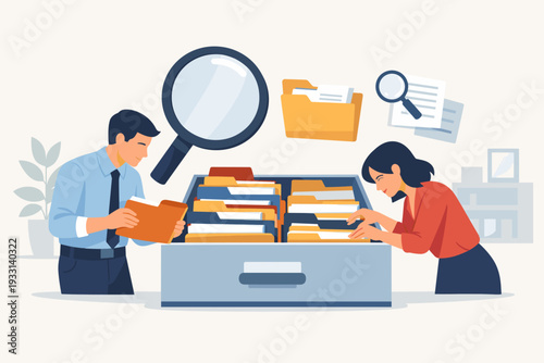 Professional man and woman searching for information in a large filing cabinet drawer with folders. Flat vector illustration of data management, document archiving, and office organization.
