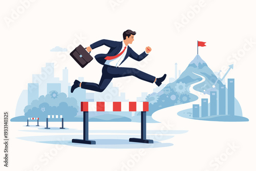 Businessman in suit jumping over hurdle towards mountain peak with red flag, representing overcoming obstacles, career success, motivation, leadership, problem solving and achieving business goals.