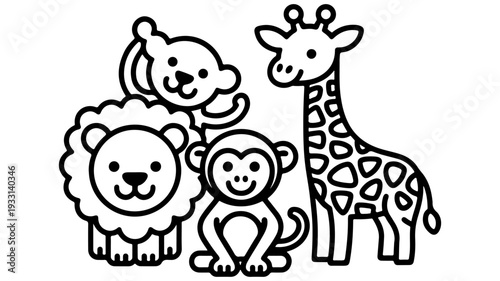 Cute line art animals for a children's coloring book, including a lion, monkey, and giraffe illustration