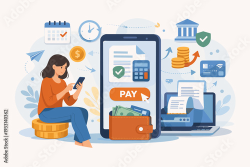 Woman paying taxes online using a smartphone app with digital wallet, calculator, and financial documents. Concept of electronic payment, mobile banking, and tax management vector illustration.