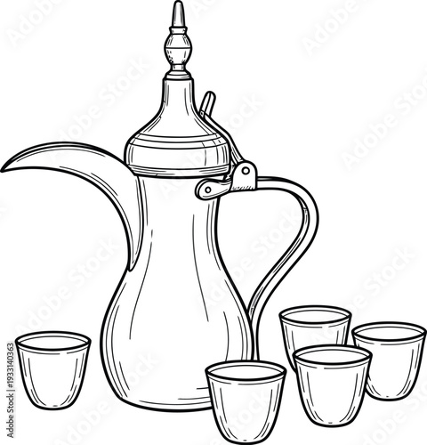 Traditional arabic coffee pot with small cups for cultural gatherings