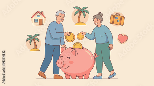 Senior Couple Putting Coins into Pink Piggy Bank for Retirement Savings, Financial Planning for Future Goals like Travel, Housing, and Leisure, Happy Elderly People Investing for Pension