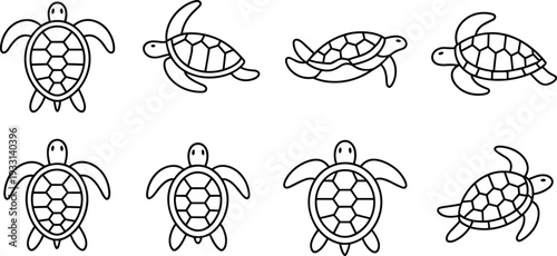Sea turtle outline icon collection with top view and swimming marine reptile line art vector set