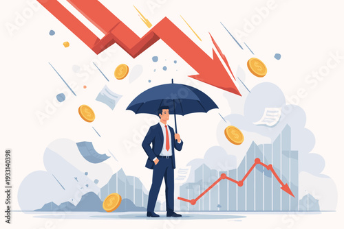 Professional businessman holding an umbrella for protection during a stock market crash and economic crisis with falling dollar coins and red downward arrows, symbolizing financial security.
