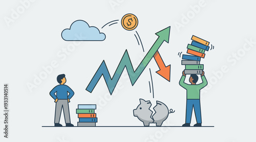 Flat Vector Illustration of Financial Volatility and Investment Risk Concept Featuring a Fluctuating Line Graph, Broken Piggy Bank, and People Managing Assets in an Unstable Economy.