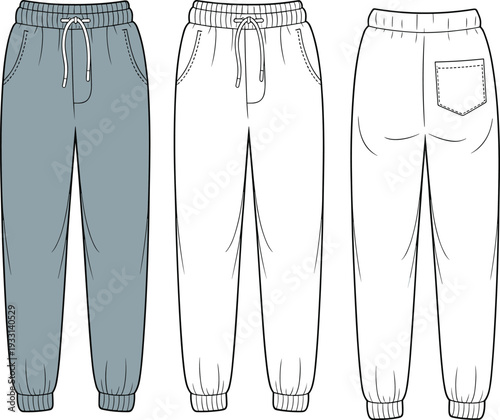 Three pairs of sweatpants with different and colors including blue and white drawstring