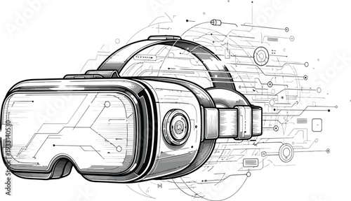 Modern virtual reality headset with technical diagrams and futuristic design elements