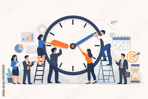 Time Management and Planning Concept with Business People Working Together to Set a Giant Clock. Teamwork for Effective Organization, Scheduling, Productivity, and Meeting Deadlines in Business.