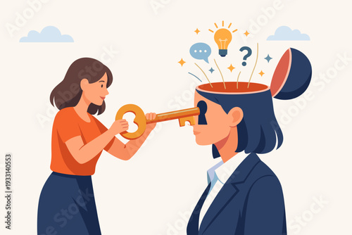 Woman Holding Golden Key Unlocking Businesswoman Mind to Reveal Creative Ideas, Potential, and Solutions. Conceptual Illustration of Mental Insight, Psychology, Coaching, and Problem Solving.