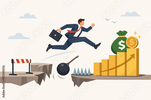 Motivated businessman in a suit jumping over dangerous obstacles like a wrecking ball and spikes to reach a bag of money and a rising profit chart, representing success, risk, and achievement.