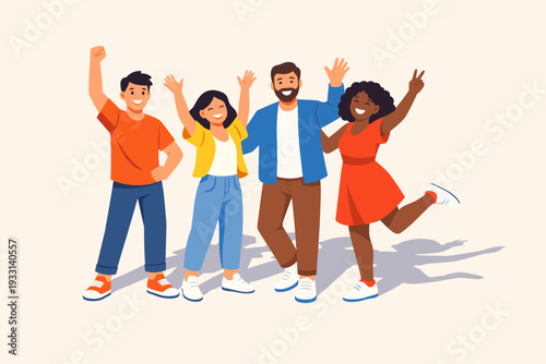 Group of diverse happy friends waving and celebrating together in a simple flat vector illustration. Multiracial men and women in casual clothes smiling on a light background with soft shadows.
