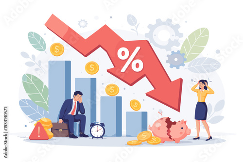 Financial Crisis and Economic Recession Concept with Stressed Business People, Downward Red Arrow with Percentage Sign, Broken Piggy Bank, and Declining Bar Chart Representing Market Crash