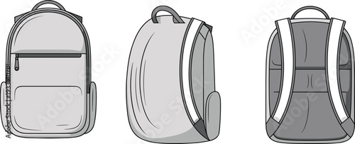 Three Different Styles of Backpacks in Black and White Line school bag travel bag