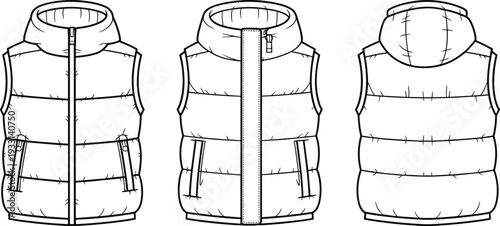 Three Different Views of a Light- Colored Padded Vest with a Hood and Zipper Closure front view
