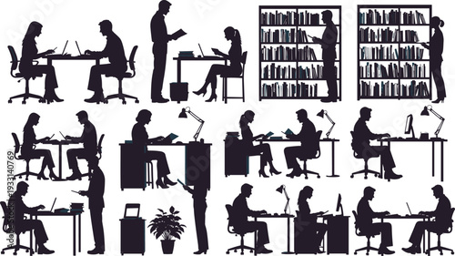 Office workers reading and working at desks in library, business silhouette vector illustration set