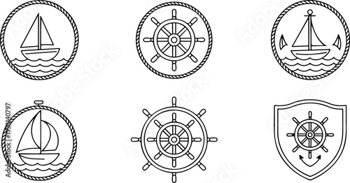 Set of nautical logos or signs featuring ship wheels, sailing boats, and compass roses, line art design.