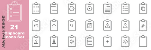 Clipboard and checklist outline icon set with business tasks, strategy, approval, tax and document management symbols. 21 Clipboard Task Management Line Icons. Survey icon set. Medical report icon 