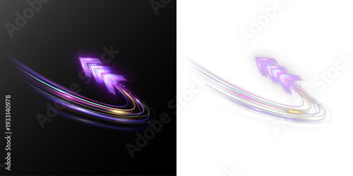 Futuristic speed arrow with glowing colorful light trails and curved motion lines, dynamic acceleration concept isolated on dark background.
