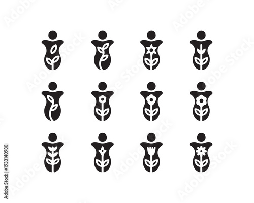 Twelve Black Silhouette of Human Figures with Floral Integrated into Their Torso Representing Nature and Femininity Concepts on