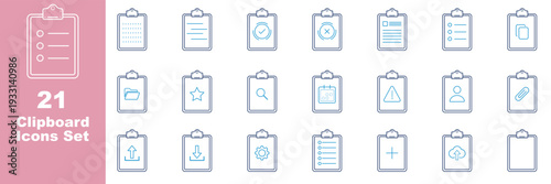Clipboard and checklist outline icon set with business tasks, strategy, approval, tax and document management symbols. 21 Clipboard Task Management Line Icons. Survey icon set. Medical report icon 