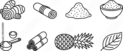 Spices and ingredients line icon collection with ginger root, cinnamon sticks, sugar powder bowl, pineapple and herbal leaf