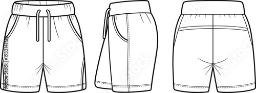 Three Different Styles of White Shorts with Black Outlines and Stitching Details