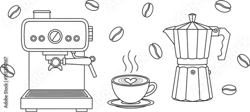 Coffee maker espresso machine and coffee cup illustration on white background