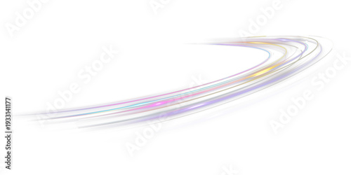 Futuristic speed light trails with colorful glowing curved lines, dynamic motion and acceleration concept isolated on black background.
