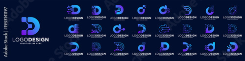 Set of letter D logo design. Symbol of  connect, tech, molecule logo template.
